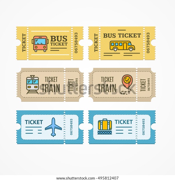 Bus, Train, Airplane Tickets Flat Design Style\
Icon. World Traveler Set. Vector illustration of Creative Ticket\
Elements with Thin Line\
Icons