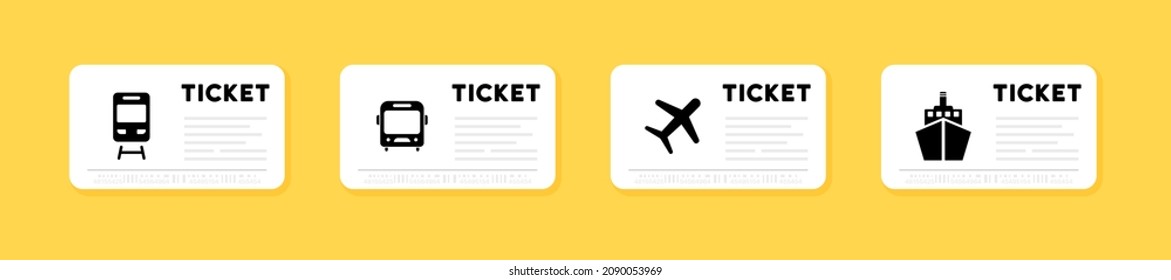 Bus, train, airplane tickets icon. Travel tickets for bus, plane and train. Airplane ticket with barcode. Transport pictogram. Isolated subway and railway pass card. Vector.