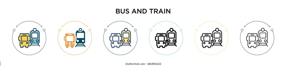 Bus and train icon in filled, thin line, outline and stroke style. Vector illustration of two colored and black bus and train vector icons designs can be used for mobile, ui, web