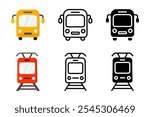 Bus and train icon. Yellow bus illustration. Public transport sign. Travel and trip symbol. Train and railroad pictogram.