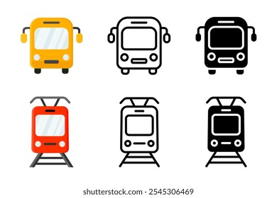 Ícone de ônibus e trem. Ilustração de ônibus amarelo. Sinal de transporte público. Símbolo de viagem e viagem. Pictograma do comboio e da ferrovia.