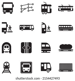 Iconos De Autobús Y Tren. Diseño plano negro. Ilustración vectorial.