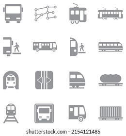 Bus And Train Icons. Gray Flat Design. Vector Illustration.