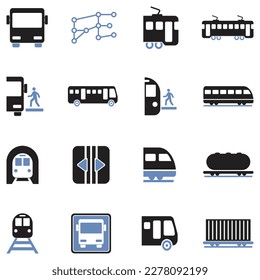 Bus And Train Icons. Two Tone Flat Design. Vector Illustration.