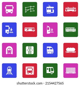 Iconos De Autobús Y Tren. Colección Llanta Blanca En Cuadrado. Ilustración vectorial.