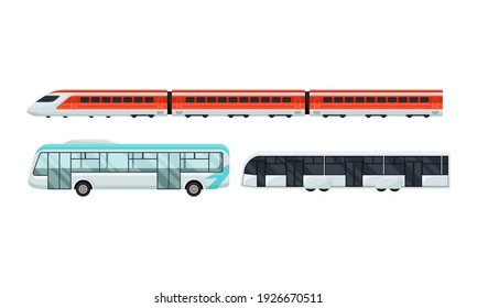 Bus And Train As Transfer To Airport Terminal Vector Set