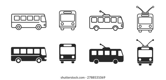 Bus and tram transit icon set with public transport vehicles in outline and filled style