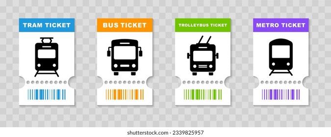 Bus, tram, trolleybus and metro ticket icon. Travel tickets for public transport with barcode. Vector illustration.