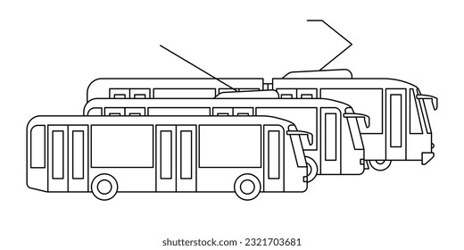 Autobús, tranvía y trolebús para moverse por la ciudad, modelo de transporte público icono de la línea de colorear. Transporte de pasajeros. Vista lateral. Ilustración del vector