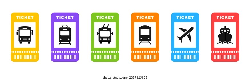 Bus, tram, trolleybus, plane, ship and train ticket icon. Travel tickets for transport with barcode. Vector illustration.