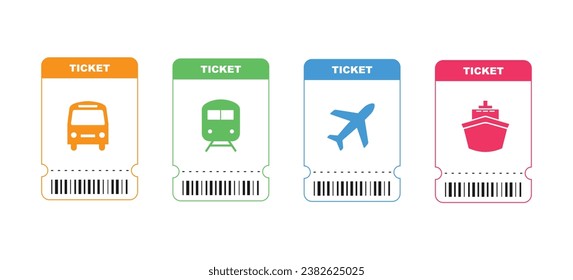 Icono de autobús, tranvía, trolebús, avión, barco y billete de tren. Billetes de viaje para transporte con código de barras. Ilustración vectorial.