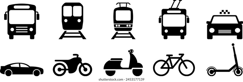 Bus, tram, trolleybus, subway, scooter, moped, bicycle and car flat icons as symbols of city transport