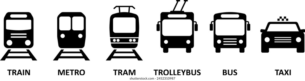 Bus, tram, trolleybus, subway, train and taxi, icons as symbols of city passenger transportation transport