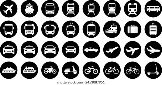 Bus, tram, trolleybus, subway, train, ship, bicycle and car icons as symbols of transport