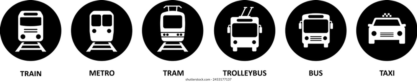 Iconos de autobús, tranvía, trolebús, metro, tren y coche como símbolos del transporte urbano de pasajeros