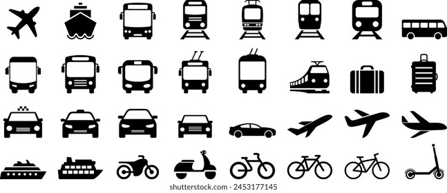 Bus, tram, trolleybus, subway, train, ship, bicycle and car flat icons as symbols of transport