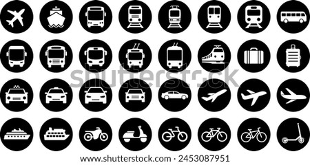 Bus, tram, trolleybus, subway, train, ship, bicycle and car icons as symbols of transport