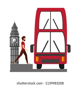 bus transport with man and big ben tower british