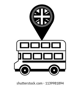 bus transport and pin location with flag of great britain