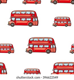 Bus transport seamless pattern with children's baby funny cute toy hand-drawn painted hand hand-drawing child colorful cartoon vector illustration with set of isolated elements white background.