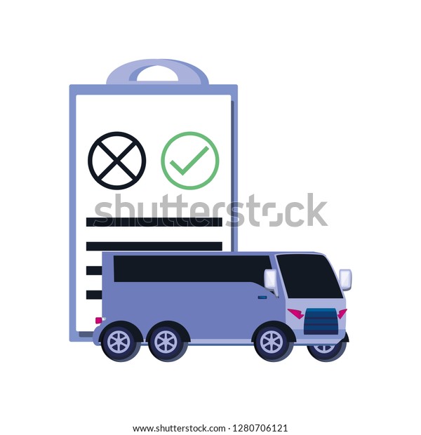 bus\
transportation with clipboard\
checklist