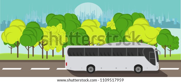 Bus\
travel adventure flat vector illustration banner. Isolated\
passenger city vehicle delivery tour concept. Happy summer holiday\
relax poster. Global world vacation tourism dream.\
