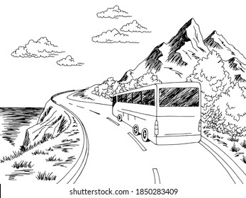 Bus travel. Black white road graphic landscape sketch illustration, vector.