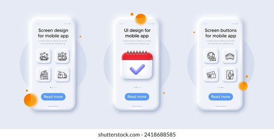 Bus travel, Boarding pass and Petrol station line icons pack. 3d phone mockups with calendar. Glass smartphone screen. International delivery, Delivery truck, Car travel web icon. Vector