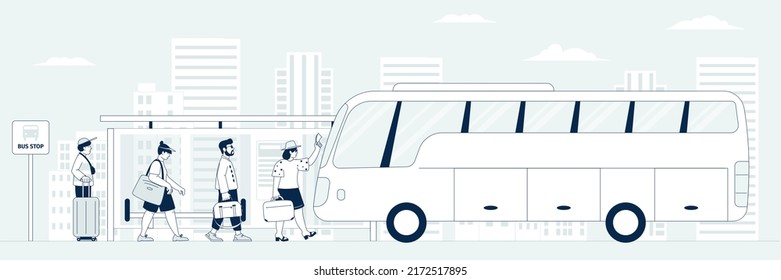 Bus travel. Commuter recreation ride, tourists transportation from bus station. Routes and line, travellers with luggage run to shuttle from airport recent vector scene - Shutterstock ID 2172517895