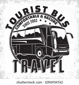 Bus travel company logo design, emblem of excursion or tourist bus rental organisation, travel agency print stamps, bus typography emblem, Vector