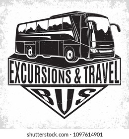 Bus travel company logo design, emblem of excursion or tourist bus rental organization, travel agency print stamps, bus typography emblem, Vector