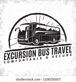 Bus travel company logo design, emblem of excursion or tourist bus rental organisation, travel agency print stamps, bus typography emblem, Vector