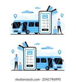 Bus travel concept. Colored vector flat illustration. White background.