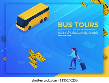 Bus travel concept, landing page template with isometric 3d icon