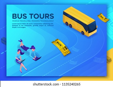 Bus travel concept, landing page template with isometric 3d icons, girl booking online tour and buying ticket, using smartphone, laptop, application design, vector illustration with people