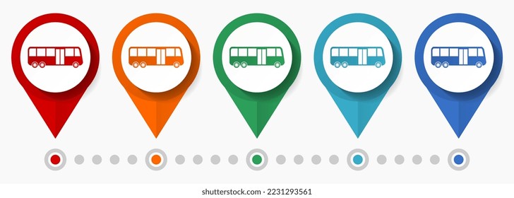 Bus, concepto de viaje conjunto de iconos vectoriales, punteros de diseño plano, plantilla infográfica