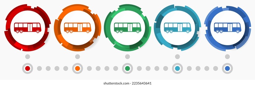 Bus, Reisekonzept, Vektorsymbol-Set, moderne, abstrakte Web-Buttons in 5 Farben, Infografik-Vorlage