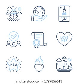 Bus travel, Crane claw machine and Heart flame line icons set. Diploma certificate, save planet, group of people. Ship travel, Love her and New star signs. Vector