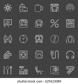 Bus travel outline icons. Vector collection of longer-distance intercity and international ?bus services signs on dark background