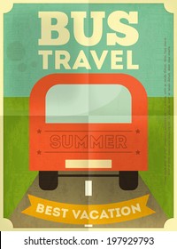 Bus Travel Poster - Vacation Items in Retro Style - Vintage Design. Vector Illustrations. 