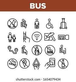 Bus Travel Prevent Collection Icons Set Vector. Crossed Dog And Alcohol, Food And Smoking Bus Marks, Wifi And Ticket, Invalid And Children Concept Linear Pictograms. Monochrome Contour Illustrations