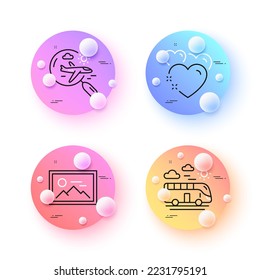 Bus travel, Search flight and Heart minimal line icons. 3d spheres or balls buttons. Photo icons. For web, application, printing. Transport, Airplane trip, Love. Image placeholder. Vector