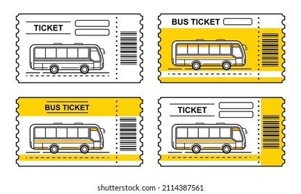 Bus travel ticket, autobus public transport pass outline icon set. Paper passenger seat card for trip on city road minibus. Journey coupon urban transportation. Payment auto tourist ride. Flat vector