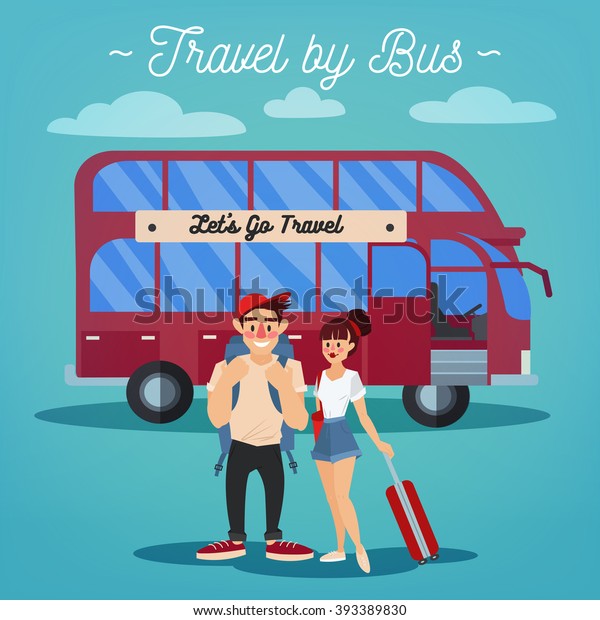 Bus Travel.\
Tourism Industry. Active People. Girl and Man with Baggage. Happy\
Couple. Vector illustration. Flat\
Style