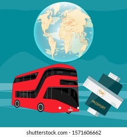 Bus travel, two-tier, red - large globe, passport, ticket - vector. Coach exploring by bus