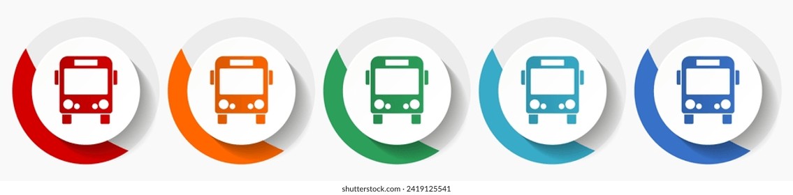 Bus, conjunto de iconos de vector de viaje, iconos planos para el diseño del logotipo, diseño web y aplicaciones móviles, botones redondos coloridos