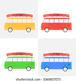 Bus for traveling with a canoe, set of different flowers, vector illustration