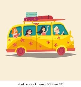 Bus with traveling happy people. Hippie on camper bus.Tourism concept, cartoon character young hippie. Travel by vintage van. Woodstock lifestyle. Family holiday. Vector illustration