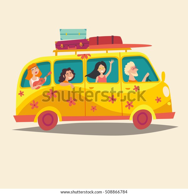 Bus with\
traveling happy people. Hippie on camper bus.Tourism concept,\
cartoon character young hippie. Travel by vintage van. Woodstock\
lifestyle. Family holiday. Vector\
illustration