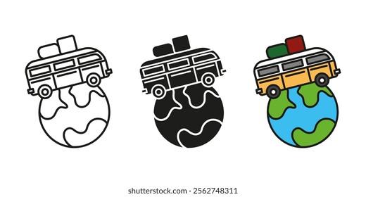 Bus trip icon. Travel by the bus vector illustration. Vacation journey symbol. Worldwide tour sign. Travelling around the globe. Global shipping and delivery pictogram. Moving and emigration concept.